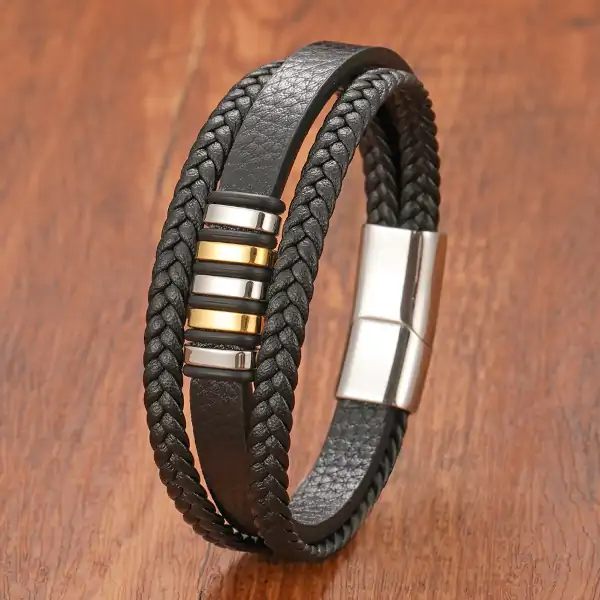Bracelet acier tendance cuir noir et acier inoxydable