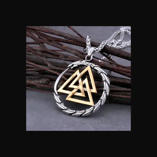 Collier en acier inoxydable avec un pendentif impressionnant serpent et nœud de Valknut couleurs or et argent.