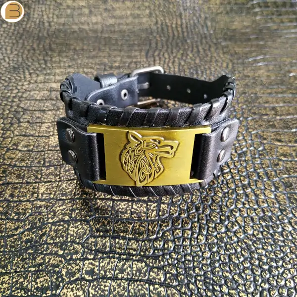 bracelet cuir viking tête de loup Fenris