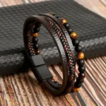 Bracelet cuir et acier inoxydable avec perles pour homme et pour femme