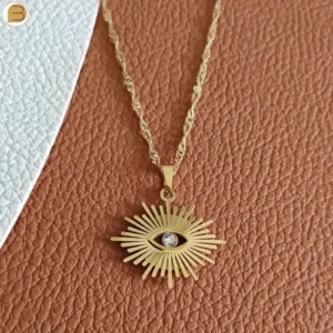 Collier minimaliste acier inoxydable couleur or pendentif soleil zircon
