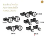 boucles d'oreilles acier noir et zircons ronds en 3 mm