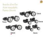 Boucles d'oreilles acier noir et zircons ronds en 6 mm