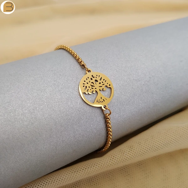 Bracelet en acier inoxydable doré pour femme pendentif arbre de vie