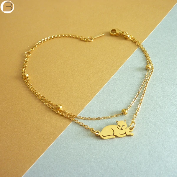 Bracelet pendentif chat en acier inoxydable doré pour femme féline