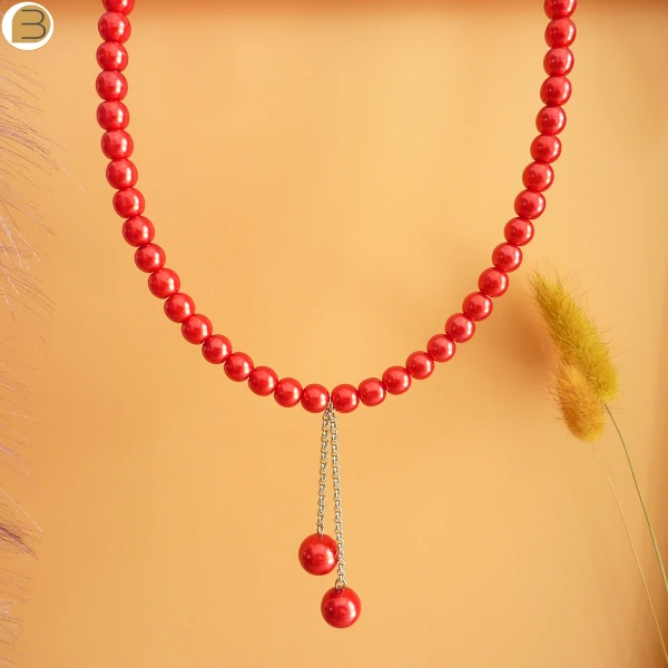 Collier acier ras de cou femme perles de verre rouges nacrées, création exclusive Bijoutissimo