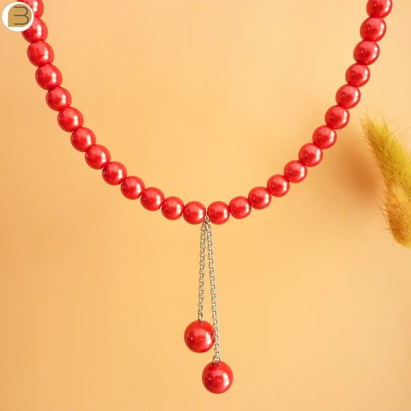 Collier acier ras de cou femme perles de verre rouges nacrées, création exclusive Bijoutissimo