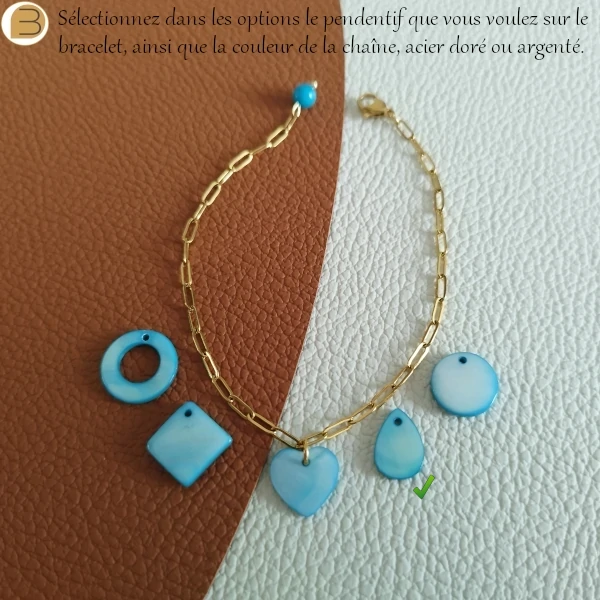 Bracelet personnalisable pour femme en acier doré ou argenté, pendentif nacre bleue, une création Bijoutissimo