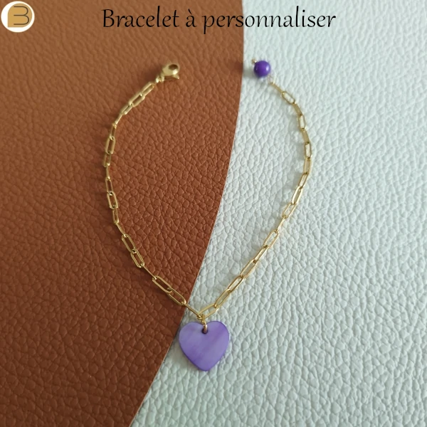 Bracelet personnalisable pour femme en acier doré ou argenté, pendentif nacre mauve, une création Bijoutissimo