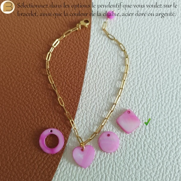 Bracelet personnalisable pour femme en acier doré ou argenté, pendentif nacre rose, une création Bijoutissimo