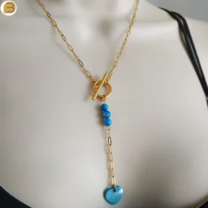 Collier acier inoxydable doré création exclusive en édition limitée perles et cœur de nacre bleue