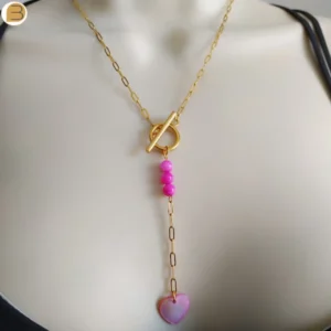 Collier acier inoxydable doré création exclusive en édition limitée perles et cœur de nacre rose