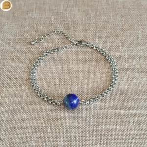 Bracelet pour femme en acier inoxydable double chaine perle lapis lazuli. Création bijoutissimo.