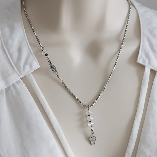 Collier ras de cou en acier inoxydable pour femme pendentif perles cristal et note de musique