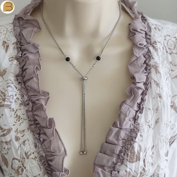 Collier acier inoxydable pour femme perles agates noires symbole infini perle acier réglable