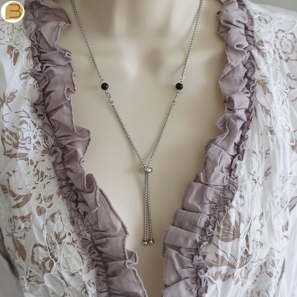 Collier acier inoxydable pour femme perles agates noires symbole infini perle acier réglable