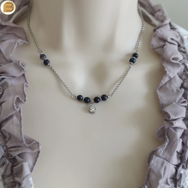 Collier ras de cou en acier inoxydable pour femme, perles de nacre bleue et pendentif strass