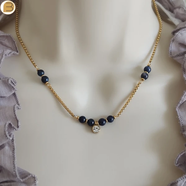 Collier ras de cou en acier inoxydable doré pour femme, perles de nacre bleue et pendentif strass