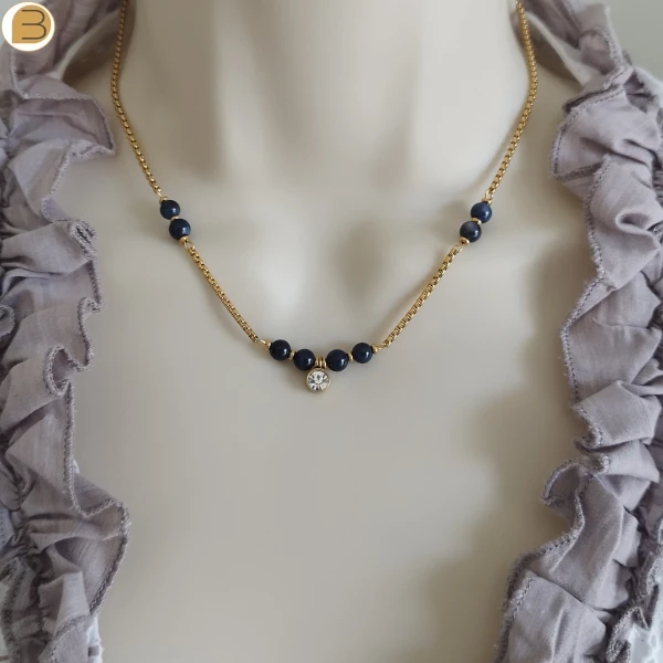 Collier ras de cou en acier inoxydable doré pour femme, perles de nacre bleue et pendentif strass