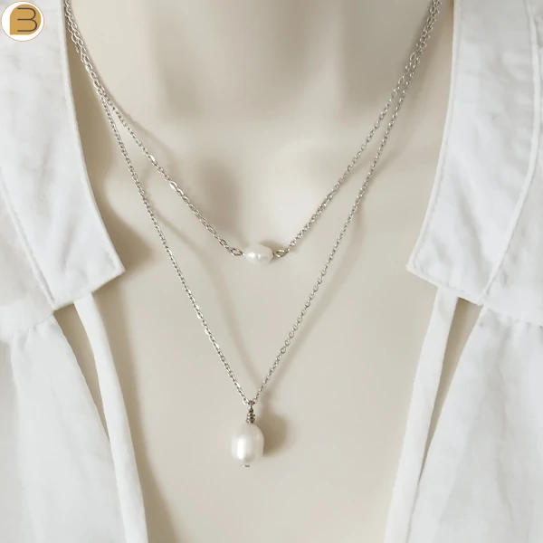 Création Bijoutissimo collier pour femme en acier double chaine perles d'eau douce