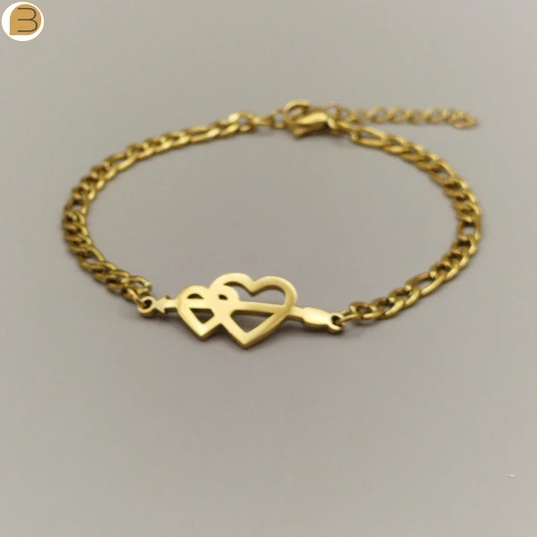 Bracelet en acier inoxydable doré pendentif double cœur, symbole de l'amour.