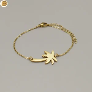 Bracelet en acier inoxydable doré pendentif palmier sur chaîne maillon forçat.